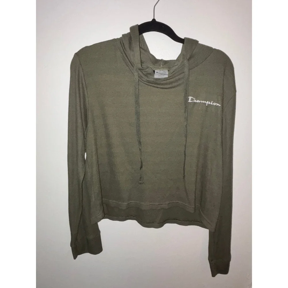 Champion Hoodie Womens Sz L Olive Green Excellent Cropped Waffle Knit Sweatshirt - Picture 4 of 5